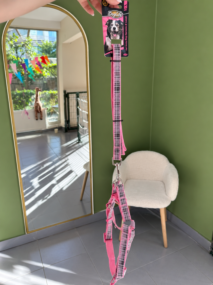 Metal Klipsli, Koyu Pembe Ekose Desenli Göğüs Tasması